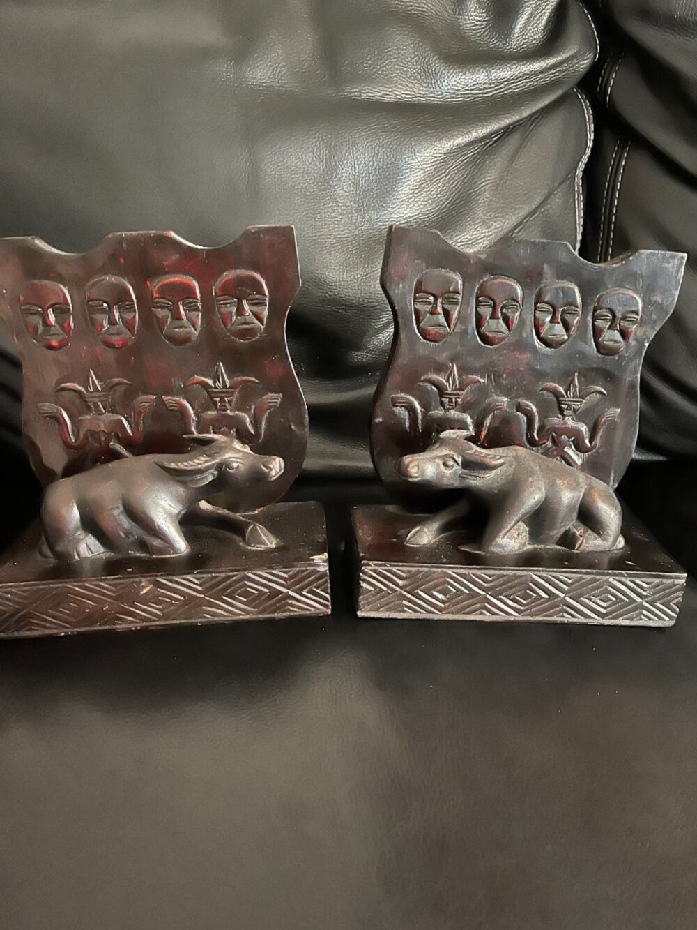 Vintage HAND CARVED WOODEN WATER BUFFALO SCULPTURE BOOKENDS
